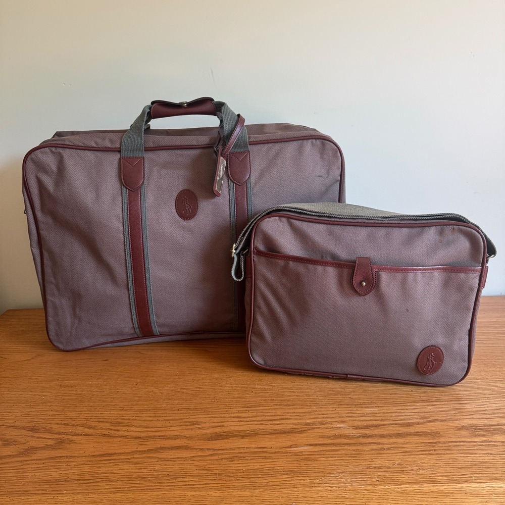 Vintage Polo Ralph Lauren 2 Pc Luggage Brown Herringbone Suitcase Toiletry Bag